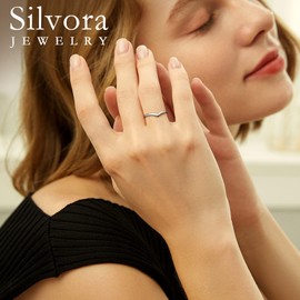 Silvora Women's Ring S925 Silver Wishbone Ring Shining Wish Ring with Cubic Zirconia Simple Shiny Wish Ring in Silver Ring Size J - Z 1/2, Silver