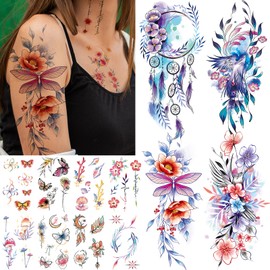 Cerlaza Colorful Temporary Tattoos for Women Adult, Watercolor Fake Tattoos Stickers, Long Lasting Realistic Tattoo on Half Arm Body Art Decorations