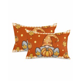Fall Pillow Covers 20x12 Inch Set of 2 Pumpkin Gnome Throw Pillow Cover Decorative Pillowcase Maple Leaf Orange Plaid Thanksgiving Pillow Cases for Couch Sofa Bed Fall Decor Lumbar Cushion Covers