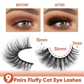 HQWPZ Fluffy Lashes Natural False Eyelashes 15mm Cat Eye Lashes Natural Look Wispy Faux Mink Lashes Lightweight Fake Eyelashes 9 Pairs Pack