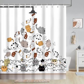 Funny Cats Shower Curtain Set, Cartoon Cute Animal Playing Raining Water Kids Shower Curtains for Bathroom Decor, Waterproof Fabric Cloth with 12 Hooks, 72x72 inch White