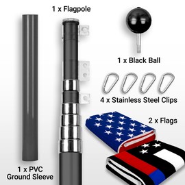 G128 Combo Pack: 25 Ft Telescoping Aluminum Flagpole (Black) & American and Thin Blue Red Line Flags 3x5 Ft, Both StormFlyer Series Embroidered 220GSM Spun Polyester | Pole with Flags Included