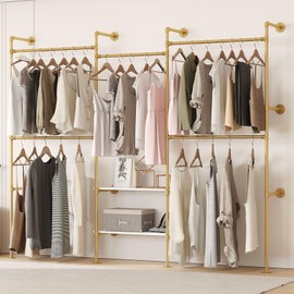 DABILONGC Industrial Pipe Clothes Rack,Wall Mounted Closet Wardrobe Rack, Corner L Shaped Walk-in Closet System, 2 Installation Methods (Gold, 80" H x 86" W x 11.8" D)