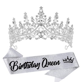 VELSCRUN Birthday Queen Tiara Crowns for Women Girls Silver Crystal Birthday Queen Headband Sash Elegant Princess Crown Happy Birthday Party Decorations Mom Sisters Birthday Gift Hair Accessories