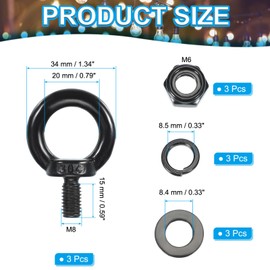 PATIKIL M8x15mm Lifting Shoulder Eye Bolt, 3Pcs 304 Stainless Steel Lifting Ring Threaded Eyebolt with Hex Lock Nut/Lock Washer/Flat Washer for Hanging Hammocks Articles, Black