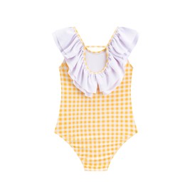 LIZENS Girls One Piece Swimwear Ruffle Trim 2-12Years Flounce Checkered Beach Bathing Suit Hollow Out（BDG18203,7-8T Yellow