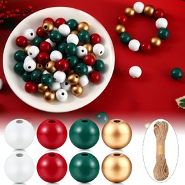 Yookeer 240 Pieces Christmas Wooden Colored Beads for Jewelry Making DIY Crafts Red Green Golden White Large Hole Polished Spacer Beads 16mm Mixed Wood Bead with Twine for Holiday Party Decoration