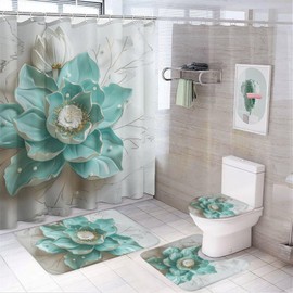 Watercolour Lotus Flower Shower Curtain Sets with Toilet Lid Cover And Rugs, Vintage Beautiful Flower Picture Bathroom Decor Set with Rug U Shape Mat, Waterproof Shower Curtain with 12 Hook 4Pcs