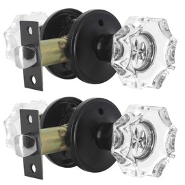 GOBEKOR Octagon Crystal Privacy Door Knob Sets of 2, Interior Diamond Door Handle with Lock, Black Classic Rosette, Bed/Bath Door Locksets