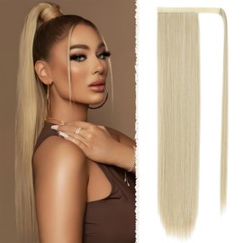 Benehair 28 Inches Straight Ponytail Extension Long Wrap Around Drawstring Ponytail Synthetic Hair Extension Ponytail Blonde Hair Pieces for Women(Blonde, 140g)
