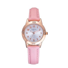 Girls Quartz Watch Cute Casual Watch Round Face Diameter 28mm PU Leather Strap Japan Movement Arabic Numeral Index Daily Waterproof, pink/gold, Classic