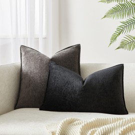 JUSPURBET Black Chenille Lumbar Throw Pillow Covers 12x20 inch Set of 2 Decorative Soft Textured Cushion Cases for Living Room Sofa Couch Bed Solid Home Decor Broadside Pillowcases