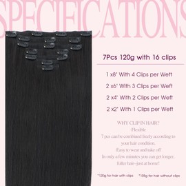 PINKPEARL Clip in Human Hair Extensions #1B Natural Black Clip in Hair Extensions Real Human Hair 22 inch Remy Hair 120g 7pcs Straight Natural Human Hair Clip ins(#1B-22)