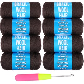 Samtress 8 Rolls Brazilian Wool Hair, Dark Brown Acrylic Yarn for African Crochet Hair, Box Braids, Jumbo Braids, Senegalese Twist Knitting Hair, Faux Curls, Spiral Corkscrew Braids,