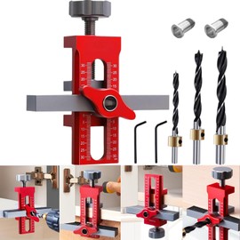 Cabinet Door Installation Jig, 2-in-1 Mounting Tool with Adjustable Positioner, Aluminium Alloy Versatile Cabinet Door Positioning Tool for Most Cabinet Doors with 3 Drill Bits (Red)