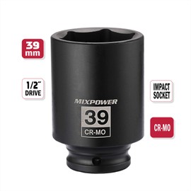MIXPOWER 1/2" Drive Deep Impact Socket, CR-MO, 39 mm, 6 Point, Axle Nut Impact Grade Socket for Easy Removal, Heat-Treated CR-MO Alloy Steel, Metric