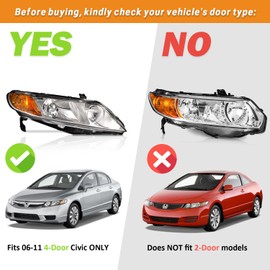 KarSpareHub Headlights Assembly for 2006 2007 2008 2009 2010 2011 Honda Civic 4-Door Headlamp Replacement Driver & Passenger Side with Bulbs
