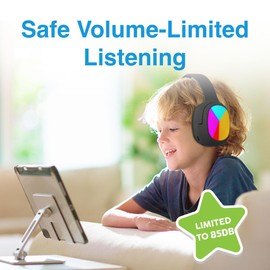 Laser Kids Bluetooth 5.4 Wireless Headphones with RGB Lights, Foldable, Safe Volume Limited to 85dB, Built in Mic - Supports USB C Charging, AUX and Micro SD (Black)