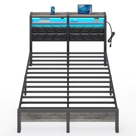 Seventable Bed Frame Queen Size with Charging Station, LED Bed with Upholstered Storage Headboard, Metal Platform Bed with Under Bed Storage, No Box Spring Needed, Noise Free, Easy Assembly, Black
