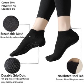 PUJANE 5 Pairs Grip Pilates Socks for Women, Non Slip Yoga Athletic Ankle Grippy Socks for Barre Ballet Gym Workout (Black)