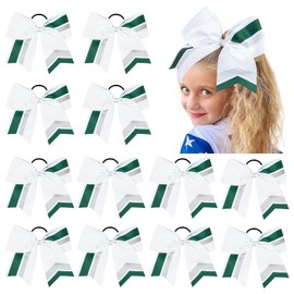 12PCS Cheer Bows Bulk Glitter Cheerleading Bows Girls Hair Bows White Green Cheer Bows Elastic Band Ponytail Holder for Cheerleaders Teen Girls College Sports Competition