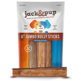 Jack&Pup Premium Grade 6 Inch Dog Bully Sticks for Medium Dogs, Jumbo Bully Sticks for Large Dogs Aggressive Chewers-6" Natural Bully Sticks Odor Free Long Lasting Dog Chews, Beef Bully Stick (3 Pack)