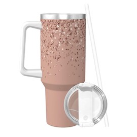 PTONUIC Blush Pink Rose Gold Glitter 40 oz Tumbler with Handle and Straw Lid | Insulated Cup Reusable Stainless Steel Water Bottle Travel Mug Cupholder Friendly | Gifts for Women Men Him Her