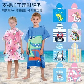 Kids Hooded Poncho Towel - Quick-Dry Unisex Bathrobe for Swimming & Bath, Floral & Character Designs Hooded Small Green Dinosaur, 60x120cm (with snaps) 4ea