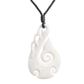 81stgeneration Carved Bone Koru HEI Matau Pendant with Ocean Waves - Maori Style Necklace - Women's Men's Tribal Jewellery - Cord Hawaii Necklace with Bone Fish Hook - Surfer Accessories