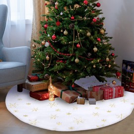 Hukermoon Round Christmas Tree Skirt, Christmas Tree Skirt with Silver Snowflakes, Tree Blanket, Christmas Tree Skirt, White Plush Faux Fur, Colourful Christmas Tree Stand Blanket (78, Gold)