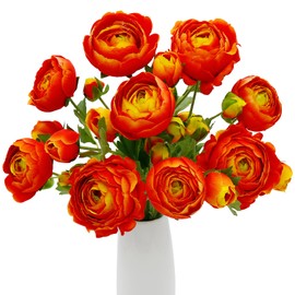 VIKINGS PANDA 9 Pcs Ranunculus Artificial Flowers 17.3", 27 Heads Faux Silk Ranunculus with Long Stems, Fake Flowers for Home Decor Indoor, Wedding Bouquets Centerpiece (Orange)