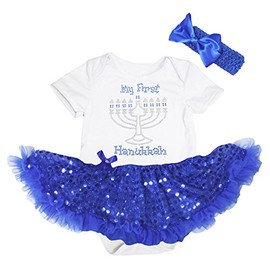 My First Hanukkah Blanco Body Azul Lentejuelas Tutu Romper nb-18 m, Azul, Mediano