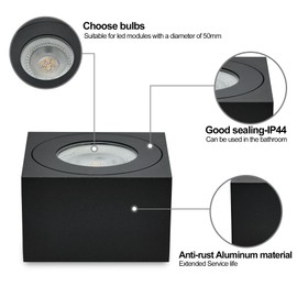 KYOTECH LED Surface-Mounted Spotlight Flat IP44 Black Surface-Mounted Ceiling Light Diameter 80 x 80 x 50 mm for LED Modules 230 V Surface Mounted Light Downlight Square Water Protection for Bathroom