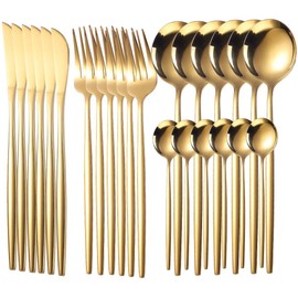 Juego de Cubiertos de 24 Piezas, Juego de Acero Inoxidable para 6, Incluye Cuchillos, Tenedores, Cucharas, Utensilios de Cocina, Vajilla para el Hogar, Restaurante, Apto para Lavavajillas(Oro)