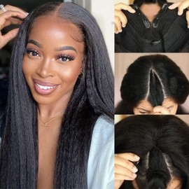 Nadula 10A V Part Kinky Straight Wig Human Hair No Leave Out Upgraded U Part Glueless Wigs for Women,Brazilian Yaki Straight V Part Human Hair Beginner Friendly Wig 150% Density 22inch