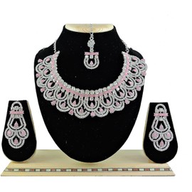Paershwa Creation Juego de joyera de Bollywood indio chapado en plata con detalles rosados, gargantilla y aretes de araa, Maang Tikka, accesorios de moda para novia, aleacin y abalorio de resina