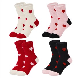 Girls Socks 8-10 Years Old 4 Pairs Retro Kids Crew Socks for School Uniform Athletic - Pink White Red Black Hearts Patterns