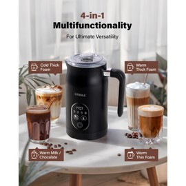KIDISLE 4-in-1 Electric Milk Frother and Steamer, Milk Steamer with Auto Temperature Control, Warm & Cold Foam Maker, Fast Frother for Coffee, Latte, Hot Chocolate, Cappuccino, Macchiato, Black