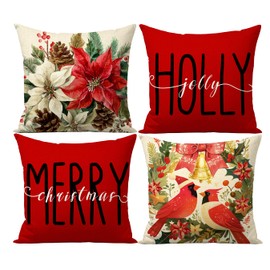 FUYUCHEN Holly Jolly Pillow Covers 18x18 Inch Merry Christmas Poinsettia Cardinal Wreath Red Berries Throw Pillow Cases for Holiday Farmhouse Decorations Sofa Couch Set of 4
