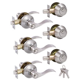 GITRANG (3 Pack) Keyed Alike Front Door Lever Lockset with Single Cylinder Deadbolt Combination Set， Wave Style Lever, Front Door/Exterior Door Knob with Lock and Deadbolt，Satin Nickel Finished