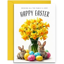 All the Family Easter Greeting Card with Bunnies and Daffodils, A5 Size, Yellow Envelope