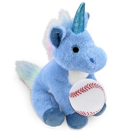 DolliBu Blue Unicorn Stuffed Animal with Baseball - Soft, Huggable Unicorn, Great Gifts for Kids Who Love Sports, Cute Mythical Plush Toy for Kids, Adults - 9 Inch