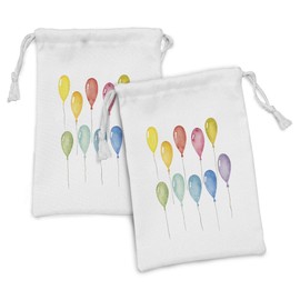 Lunarable Party Fabric Pouch Set of 2, Colorful Balloons Party Happy Birthday Celebration Themed Watercolor Artwork, Small Drawstring Bag for Toiletries Masks and Favors, 9" x 6", Multicolor
