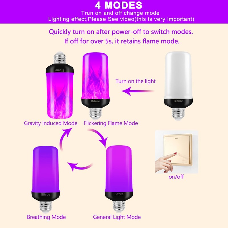 Bitrue LED Flame Bulbs, 4 Modes Purple Flame Effect Light