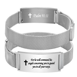 Alissl Cross Bible Verse Bracelet for Men, Stainless Steel Adjustable Christian Faith Link Bracelet Encouragement Gift (Psalm 91:11 Silver)