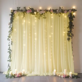 GALLETY 10 FT x 8 FT Champagne Backdrop Curtain - Tulle Backdrop Curtain with Lights String - Sheer Backdrop Curtains with 4 Inch Rod Pockets for Birthday Weddings Baby Shower Theme Party Decorations