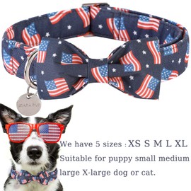 UP URARA PUP American Flag Dog Collar with Bow Tie, 4th of July Comfortable Cotton Cute Dog Collar with Metal Buckle, Patriotic Bowtie Collar for Puppy Girl Boy Dog, XL
