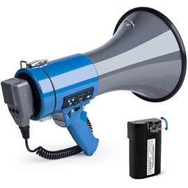 Professional 50 Watt Large Megaphone Bullhorn with Detachable Microphone, USB/SD/MMC reader, AUX Input, recording and Siren - Perfect for Indoor/Outdoor Sporting Events and Crowd Control (Blue)