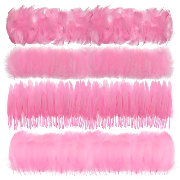 MWOOT Pack of 400 Pink Feathers for Crafts, 7-15 cm, Natural Craft Feathers, Decoration for Dream Catchers, Crafts, 4 Types of Feathers for Wedding, Halloween, Masks, Fancy Dress Costumes,
