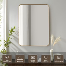 CLBA Brushed Gold Mirror 30x36 inch, Gold Deep Frame Bathroom Mirror for Wall, Rounded Rectangle Mirror for Vanity, Tempered Glass, Anti-Rust, Hangs Horizontally or Vertically